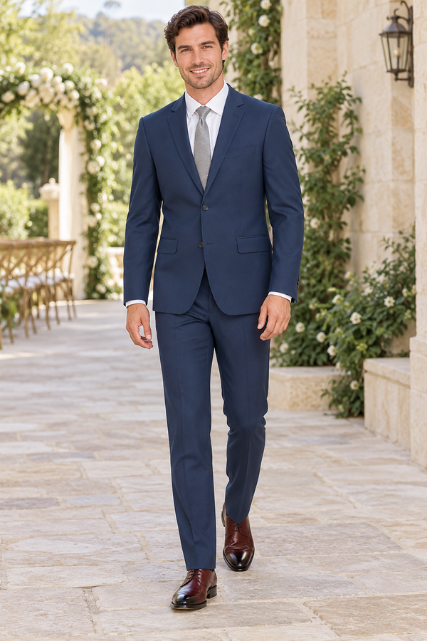 Renoir Men’s Slim Fit Navy Blue 2 Piece Suit shown in professional outdoor wedding photography