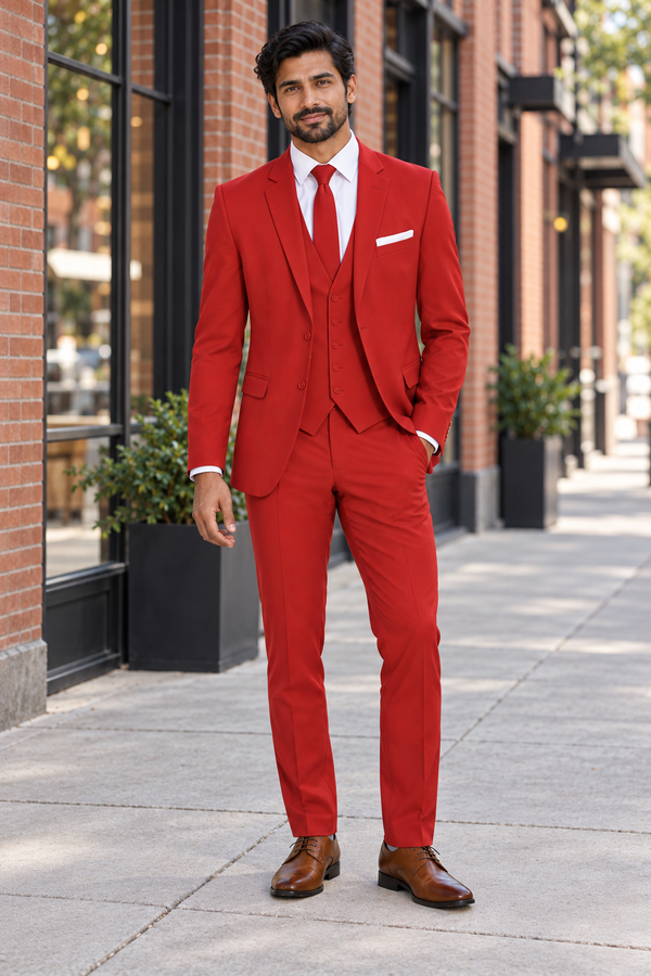 "The Metro" Men's Slim Fit Red 3 Piece Suit — model photograph in a downtown red brick streetscape with black steel storefront windows and clean sidewalk