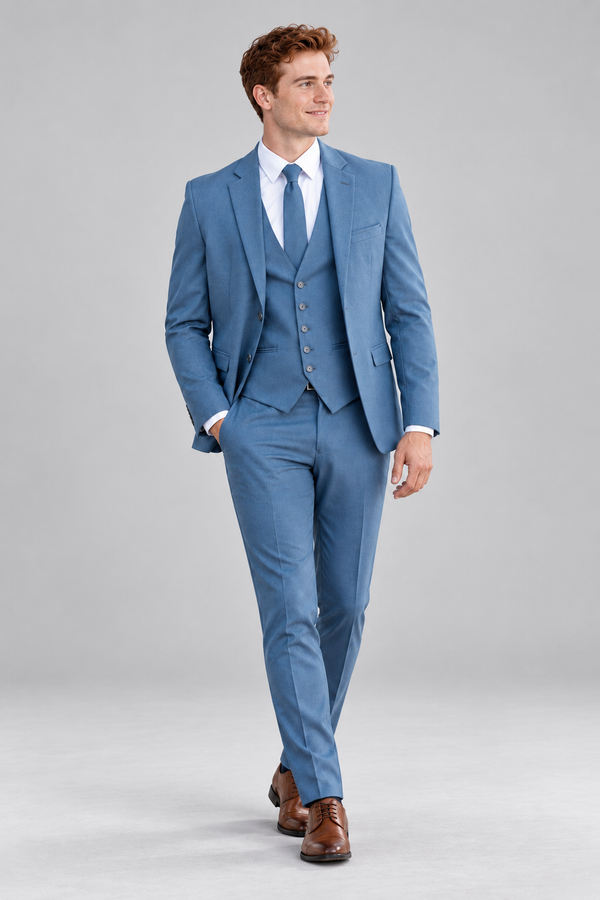 "The Metro" Men's Slim Fit Slate Blue 3 Piece Suit — model photograph in a minimalist photographic studio with seamless pale gray backdrop and floor, large softbox lighting