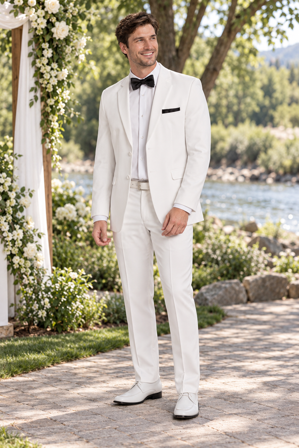 "The Calypso" Men's Slim Fit White 3 Piece Suit shown in professional outdoor wedding photography