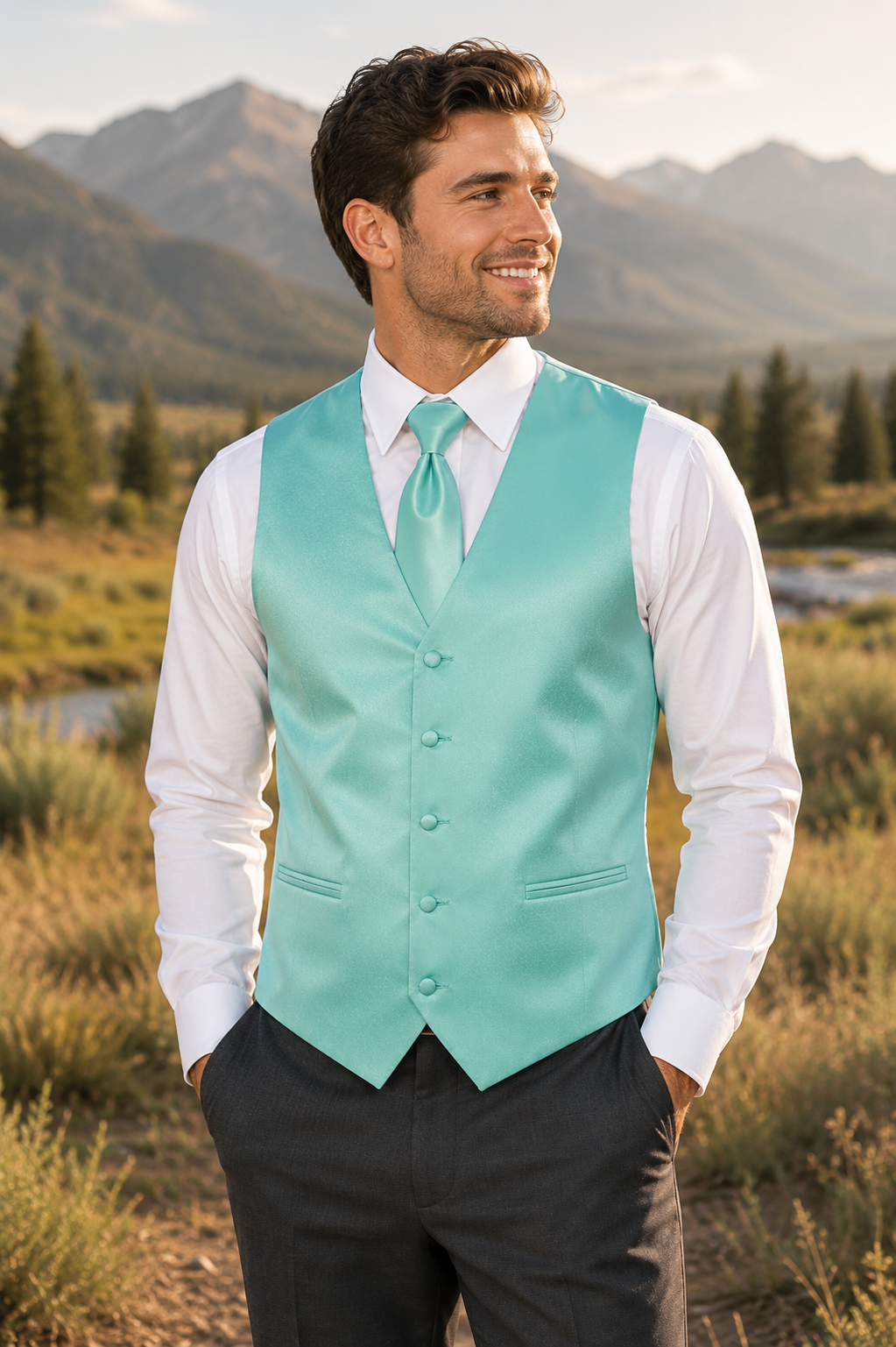 Conjuntos de chaleco y corbata de esmoquin para hombre, diseño de espalda completa en colores populares para bodas formales