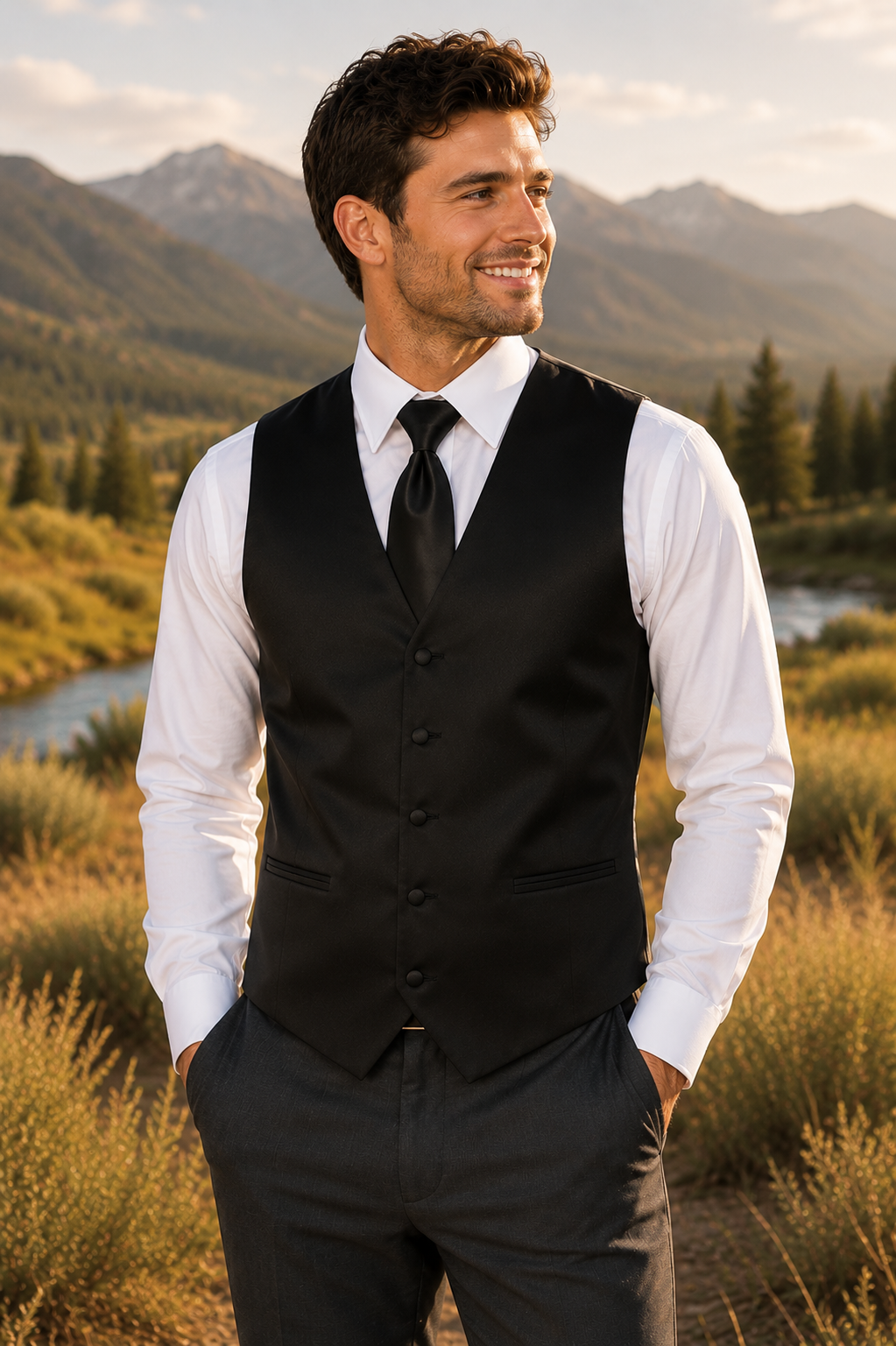 Conjuntos de chaleco y corbata de esmoquin para hombre, diseño de espalda completa en colores populares para bodas formales