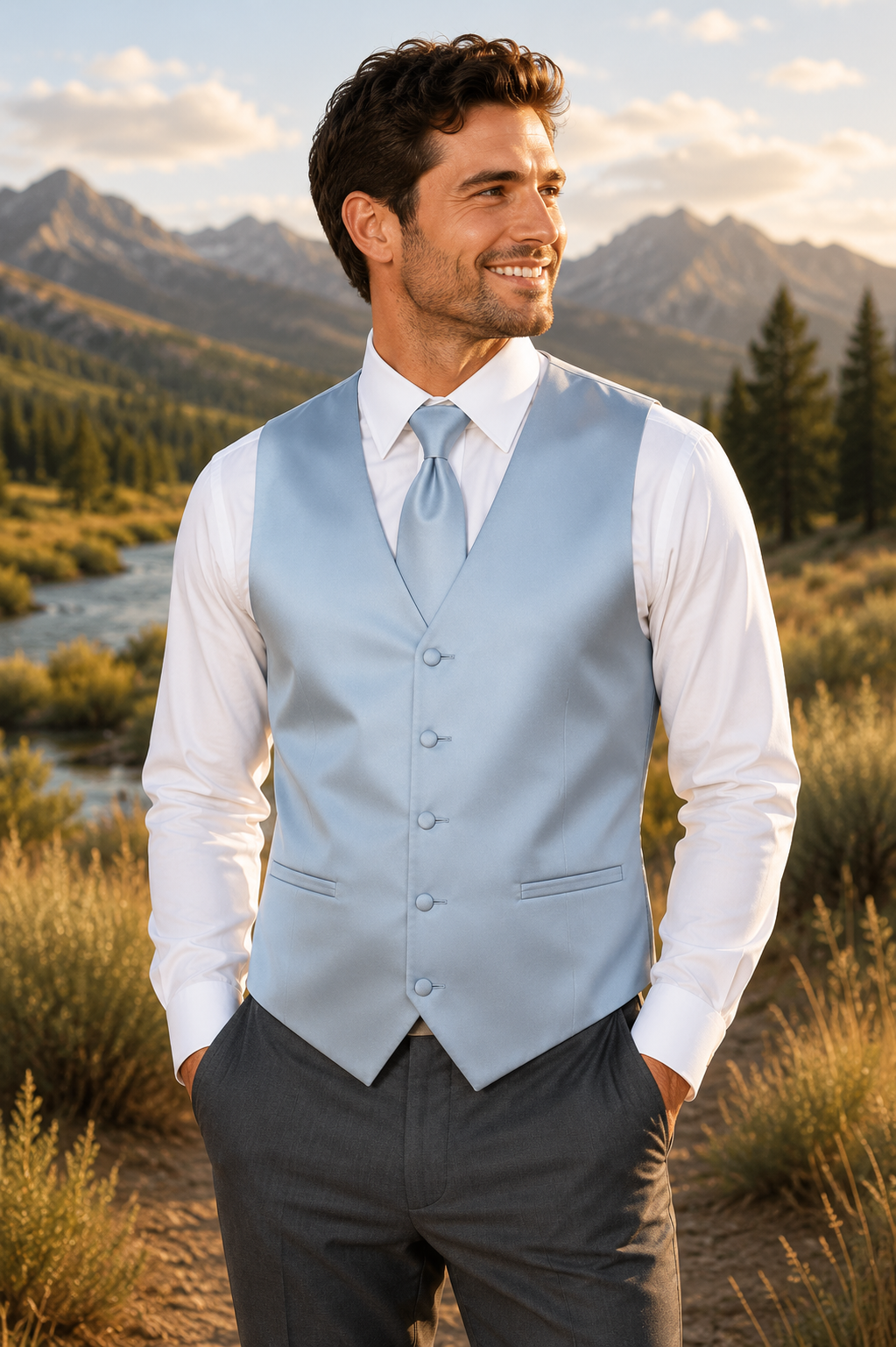 Conjuntos de chaleco y corbata de esmoquin para hombre, diseño de espalda completa en colores populares para bodas formales