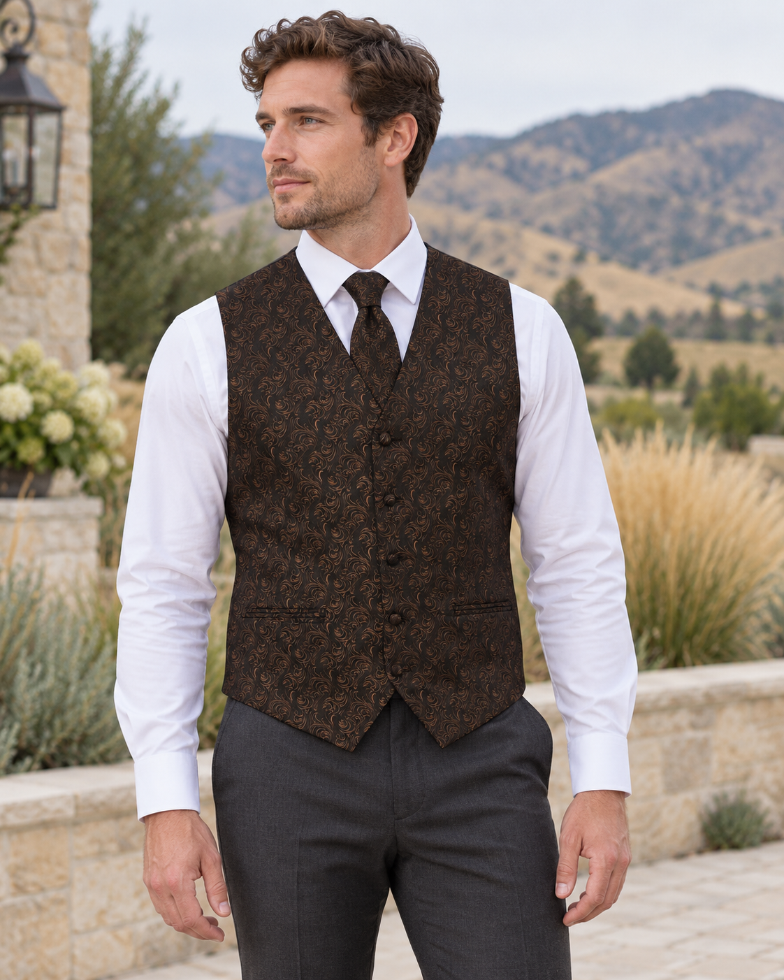 Imperial Chocolate men's vest set on model at outdoor Boise-area wedding setting