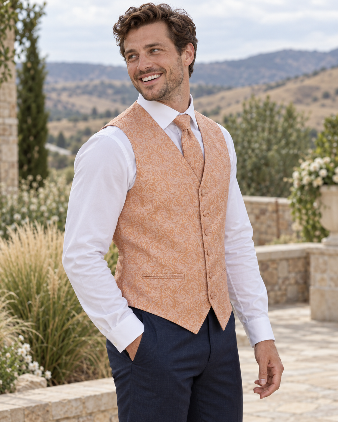 Imperial Peach men's vest set on model at outdoor Boise-area wedding setting