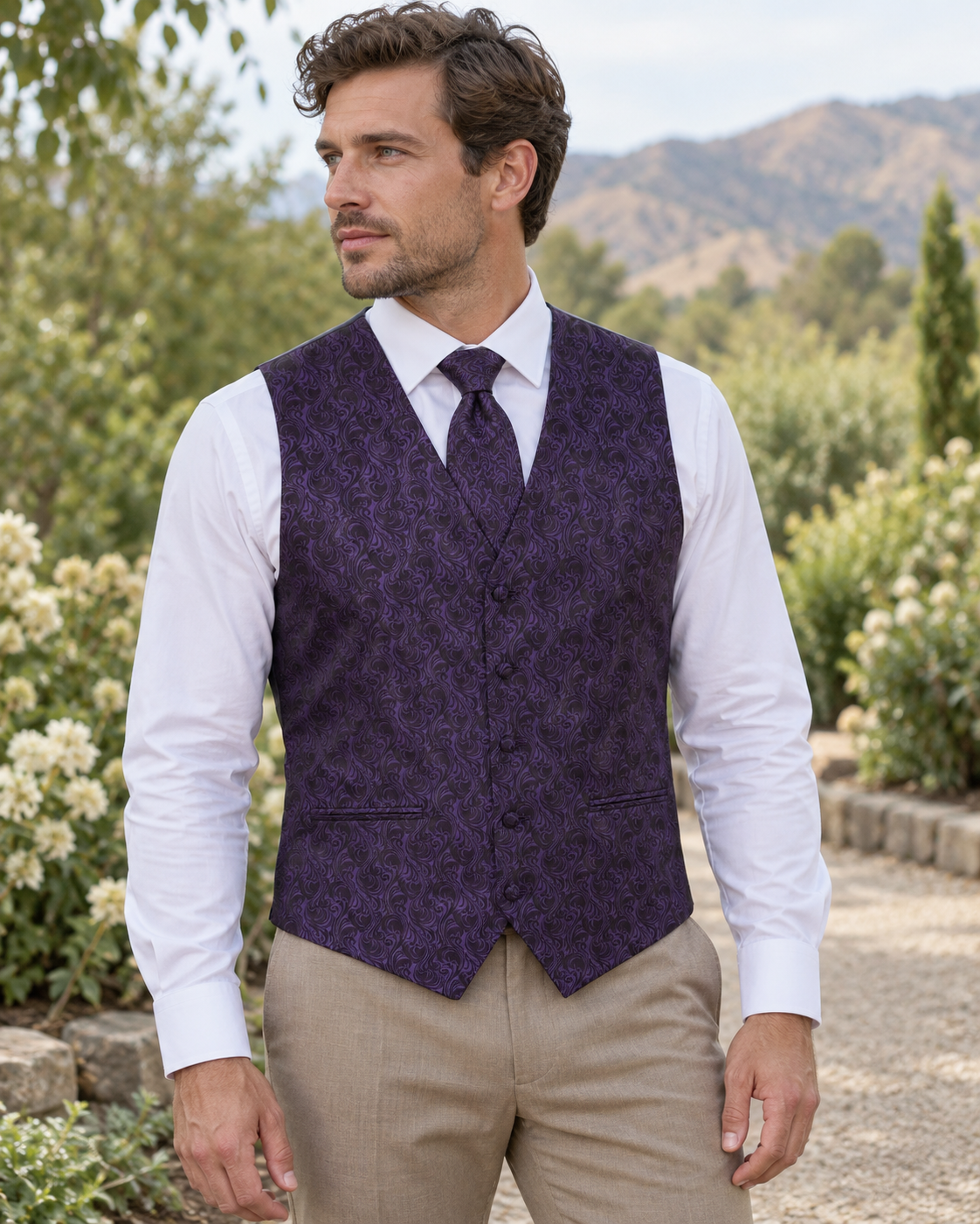 Imperial Plum men's vest set on model at outdoor Boise-area wedding setting