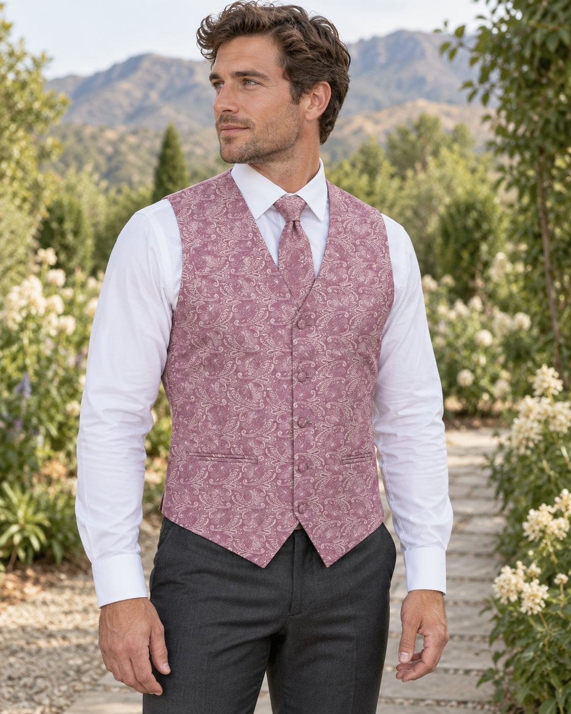 Paisley Bouquet men's vest set on model at outdoor Boise-area wedding setting