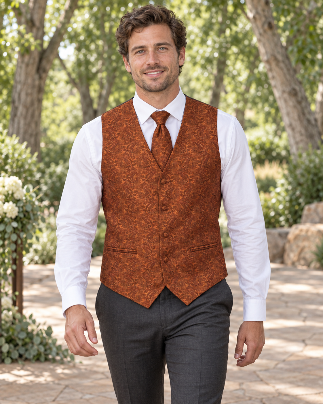 Paisley Burnt Orange men's vest set on model at outdoor Boise-area wedding setting