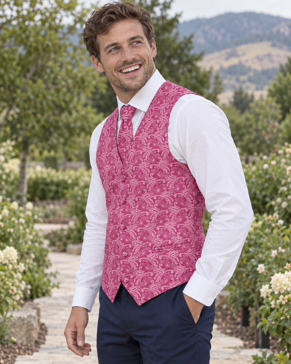 Paisley Hot Pink men's vest set on model at outdoor Boise-area wedding setting