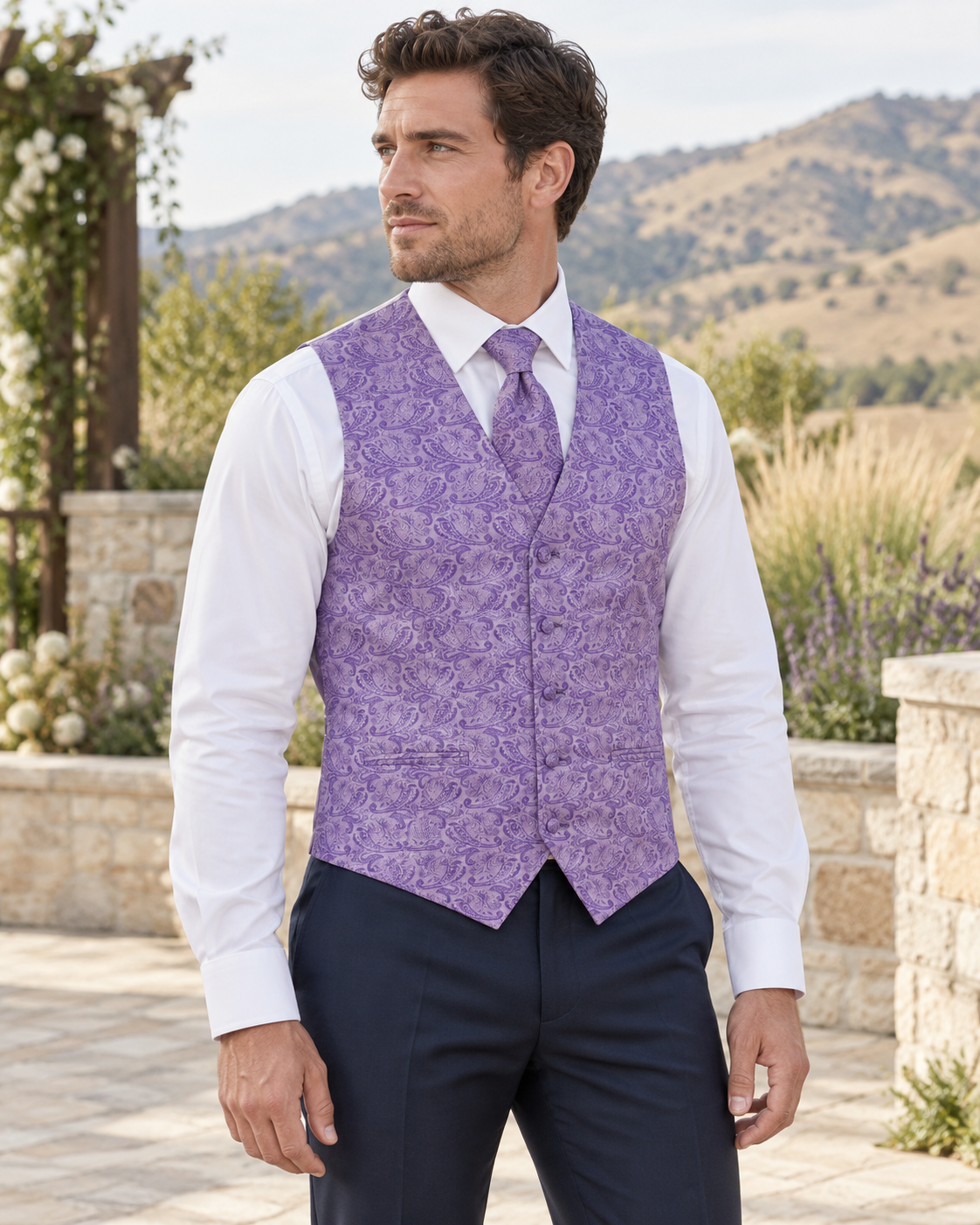 Paisley Lavender men's vest set on model at outdoor Boise-area wedding setting
