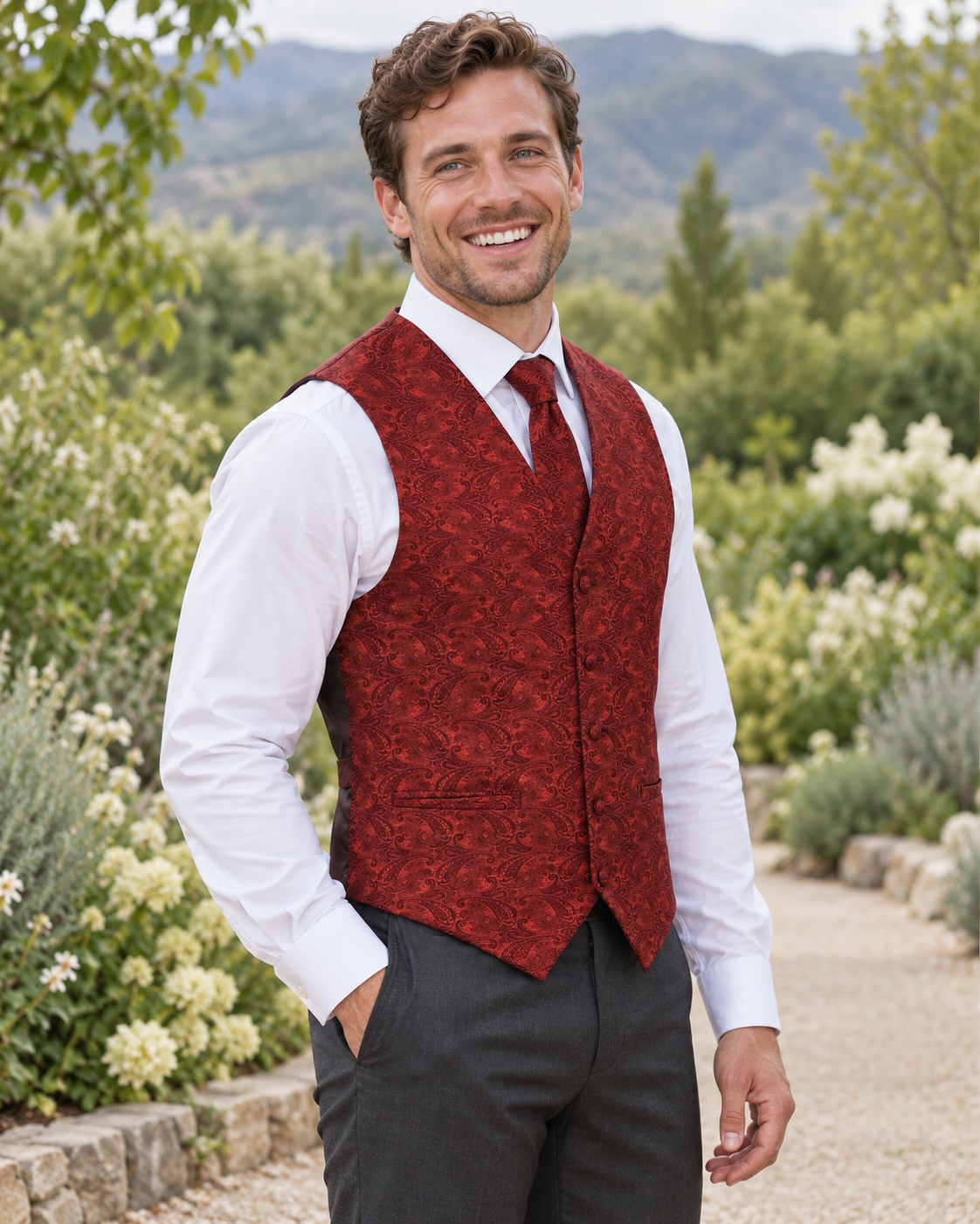 Paisley Red men's vest set on model at outdoor Boise-area wedding setting