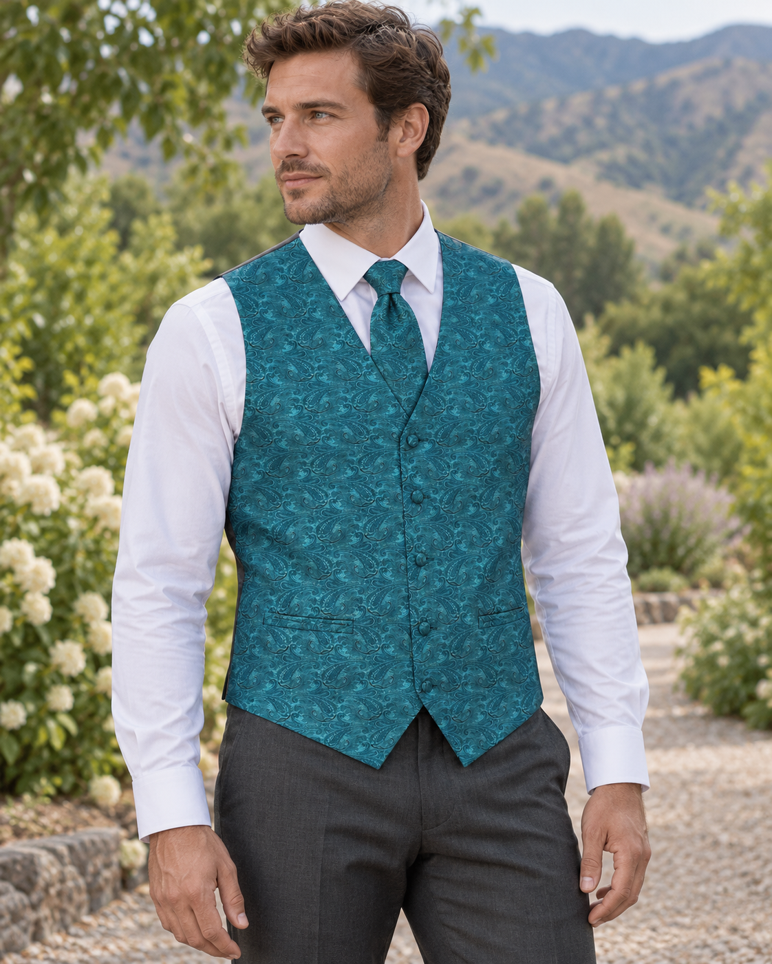 Paisley Turquoise men's vest set on model at outdoor Boise-area wedding setting