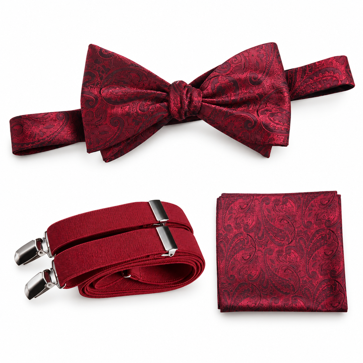 Self-Tie Paisley Jacquard Bow Tie, Pocket Square & Suspender — professional product photograph