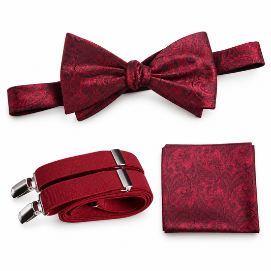 Self-Tie Paisley Jacquard Bow Tie, Pocket Square & Suspender — professional product photograph