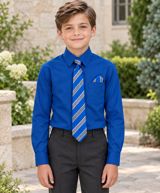 Boys Formal Dress Shirt Set with Tie & Pocket Square — professional product photograph