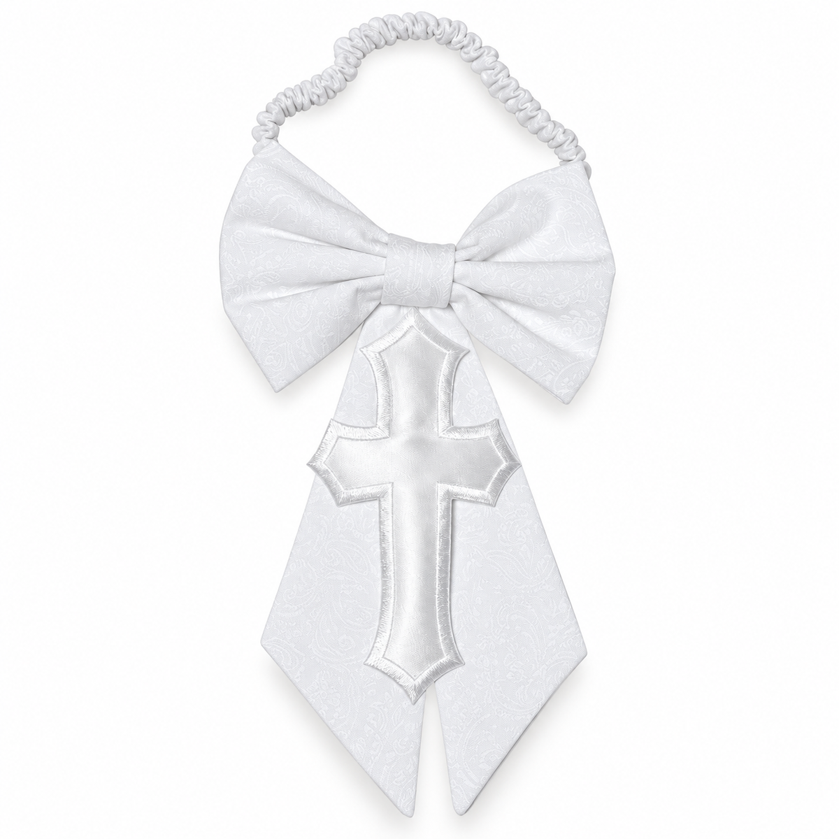Boys First Holy Communion White Cotton Paisley Armband with Cross — professional product photograph