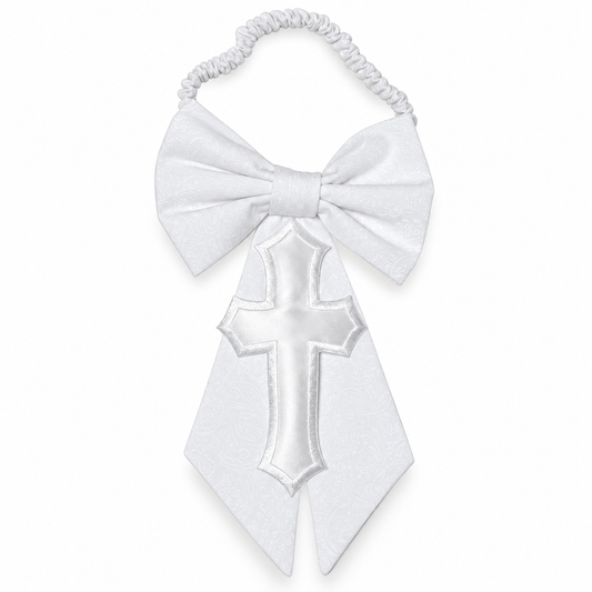 Boys First Holy Communion White Cotton Paisley Armband with Cross — professional product photograph