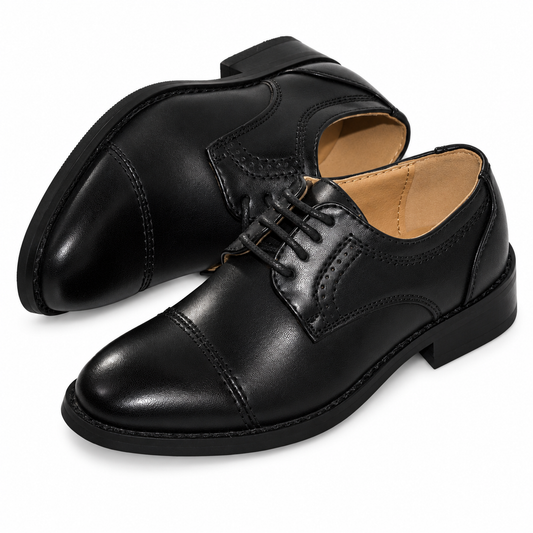 Boys Matte Black Cap Toe Lace-up Dress Shoes — professional product photograph