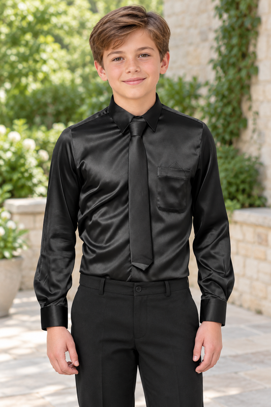 Boys Satin Long Sleeve Dress Shirt with Tie & Pocket Square — professional product photograph