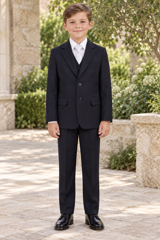 Boys Slim Fit Religious Suit with Clergy Jacquard Neck Tie — professional product photograph