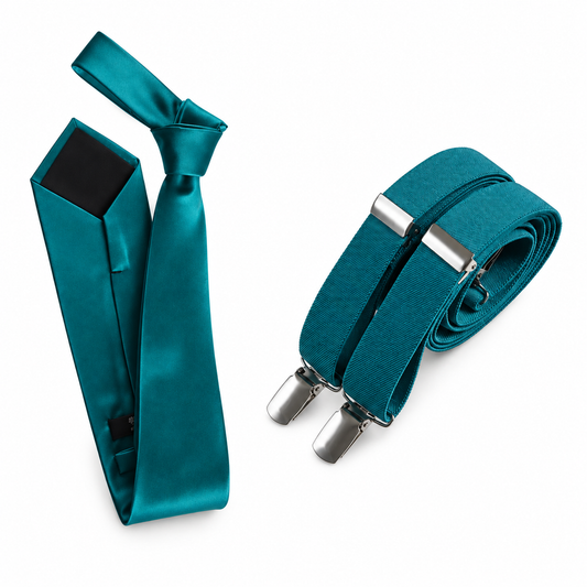 Self-Tie Satin Necktie with Matching Elastic Suspender - X Back Design — professional product photograph