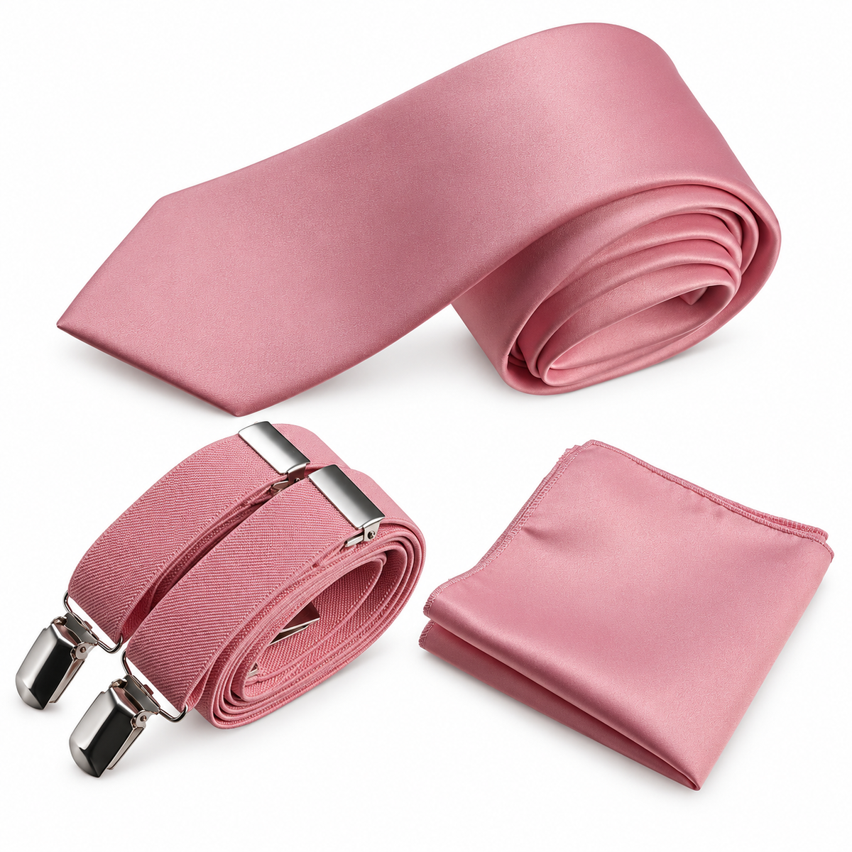 Classic Windsor Self Tie Necktie Suspenders and Pocket Square — professional product photograph