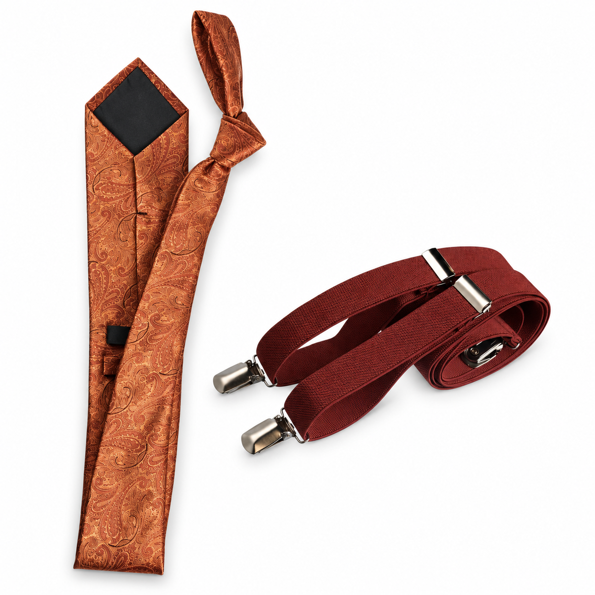 Classic Windsor Self Tie Paisley Jacquard Necktie and Suspenders — professional product photograph