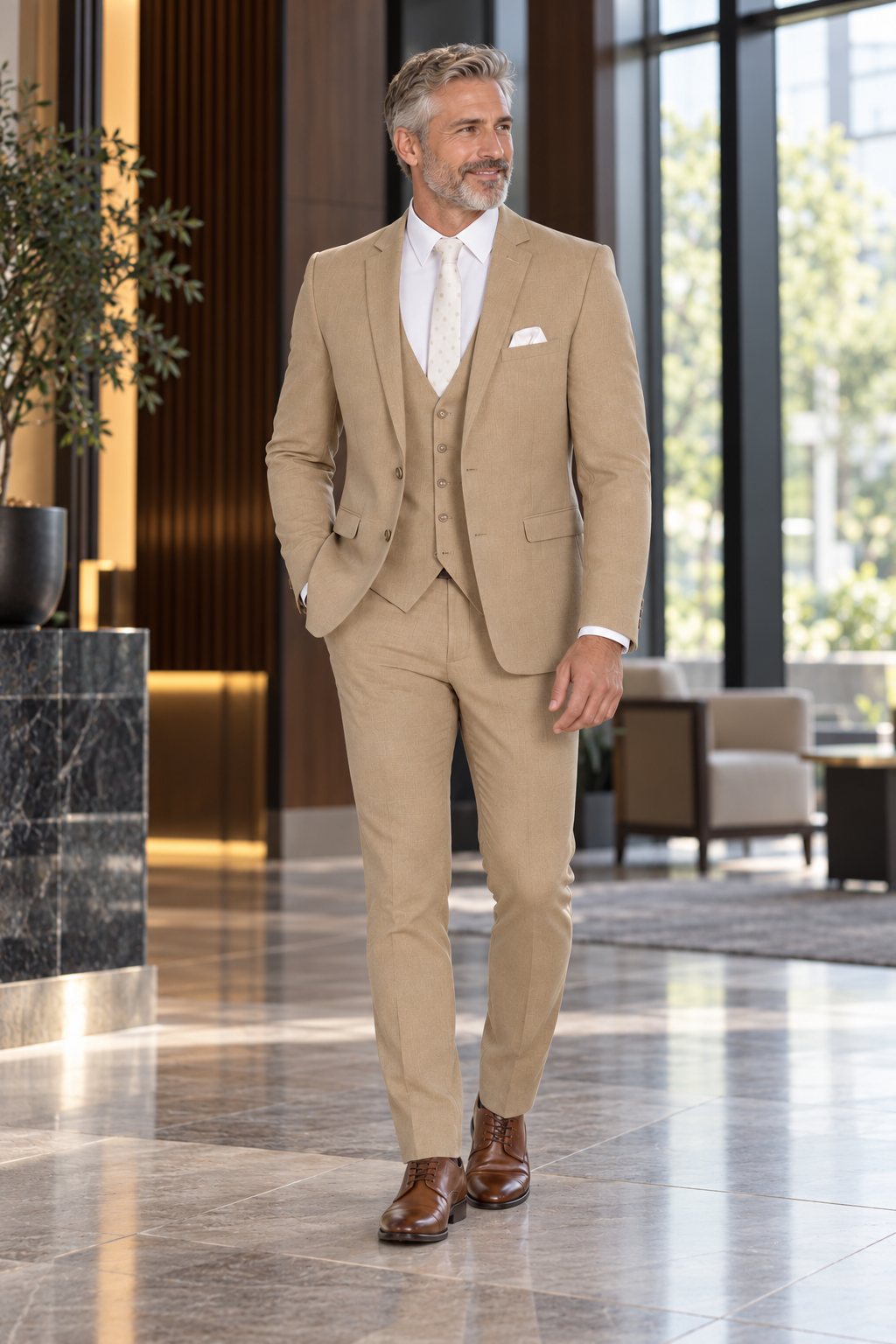"The Metro" Men's Slim Fit Camel 3 Piece Suit — model photograph in a modern hotel lobby with dark wood vertical panels and tall glass windows, neutral daylight, no crowd