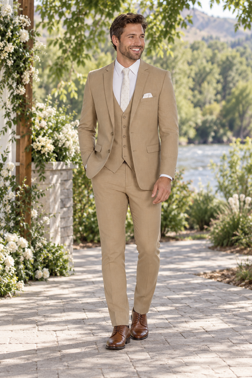 "The Metro" Men's Slim Fit Camel 3 Piece Suit shown in professional outdoor wedding photography