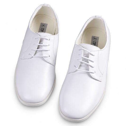 Kids Matte White Round Toe Dress Shoe - First Holy Communion — professional product photograph