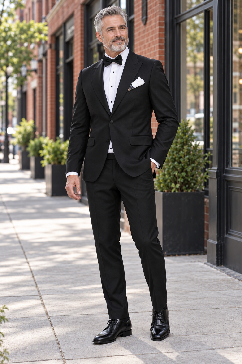 Men's 5-Piece Tuxedo for Performances, Choir & Orchestra — model photograph in a downtown red brick streetscape with black steel storefront windows and clean sidewalk
