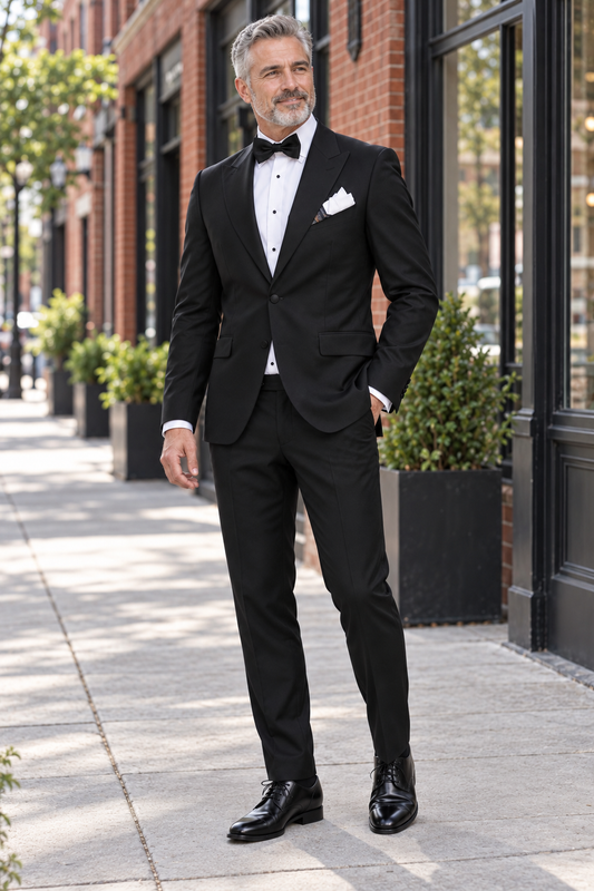Men's 5-Piece Tuxedo for Performances, Choir & Orchestra — model photograph in a downtown red brick streetscape with black steel storefront windows and clean sidewalk