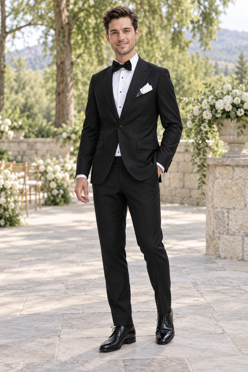 Men's 5-Piece Tuxedo for Performances, Choir & Orchestra shown in professional outdoor wedding photography