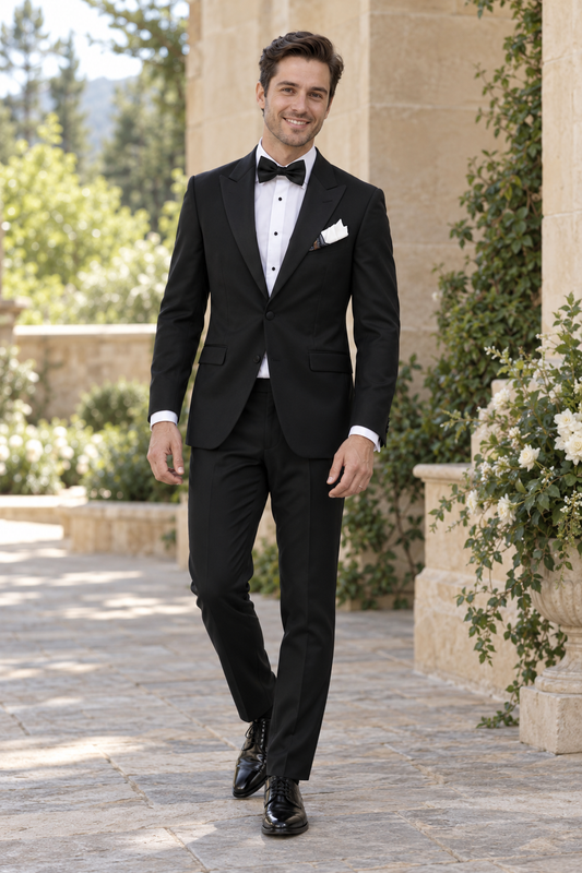 5 Piece Black 2 Button Notch Collar Tuxedo for the Performing Arts shown in professional outdoor wedding photography