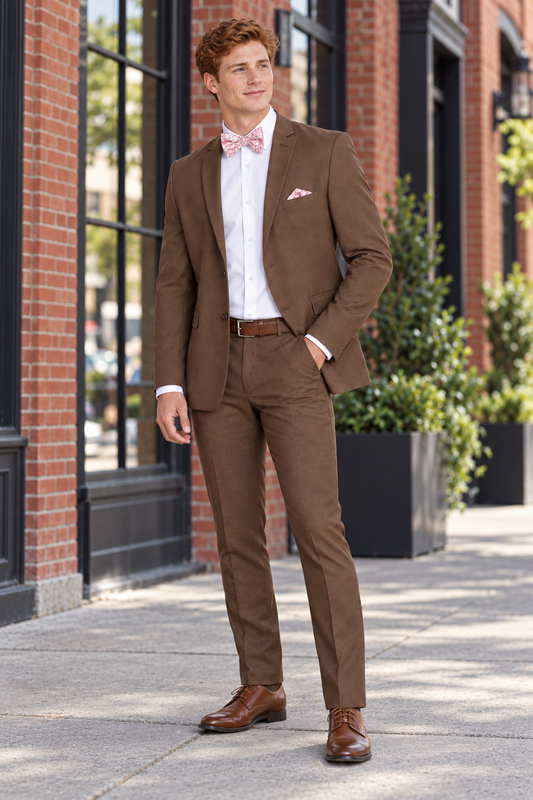 "The Metro" Men's Slim Fit Cocoa 3 Piece Suit — model photograph in a downtown red brick streetscape with black steel storefront windows and clean sidewalk