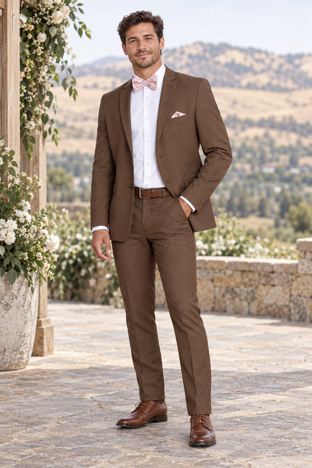 "The Metro" Men's Slim Fit Cocoa 3 Piece Suit shown in professional outdoor wedding photography