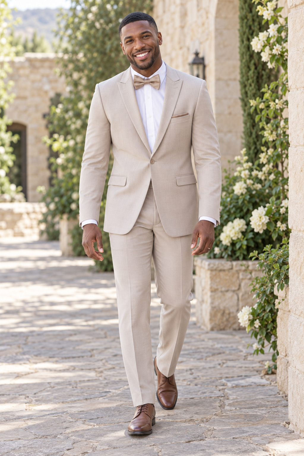 Men's Slim Fit Desert Tan 3 Piece Peak 1 Button Suit shown in professional outdoor wedding photography