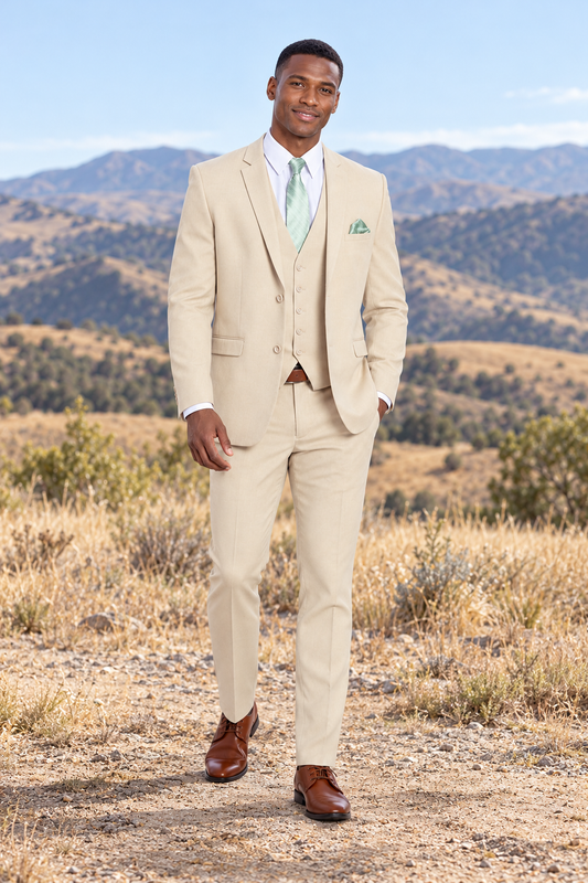 "The Metro" Men's Slim Fit Tan 3 Piece Suit — model photograph in an open high-desert foothills overlook, dry tawny grasses and distant rolling hills, no stonework