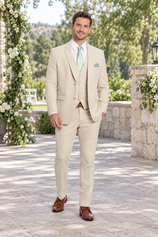 "The Metro" Men's Slim Fit Tan 3 Piece Suit shown in professional outdoor wedding photography