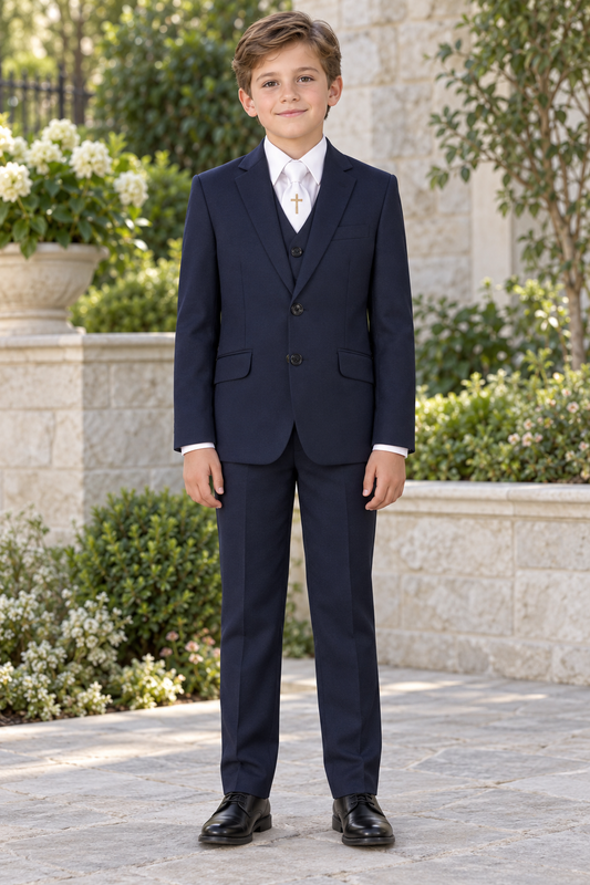 Boys Navy Slim Fit Communion Suit with Religious Cross Necktie — professional product photograph