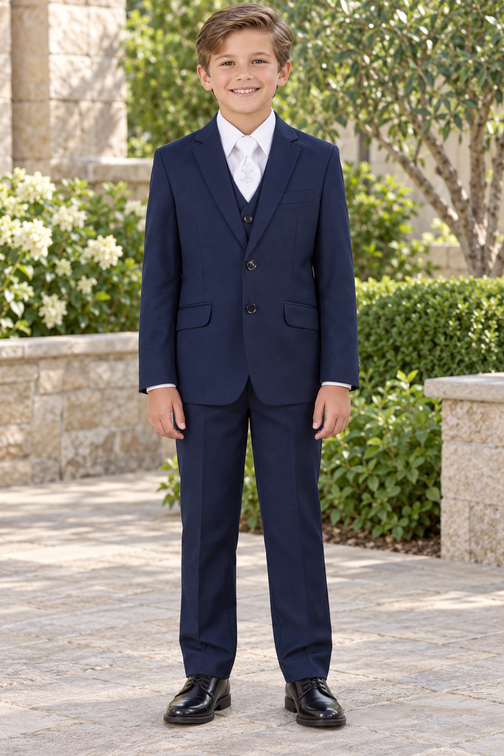 Navy Blue Slim Fit Suit Communion Cross Neck Tie Boys and Youth Sizes — professional product photograph