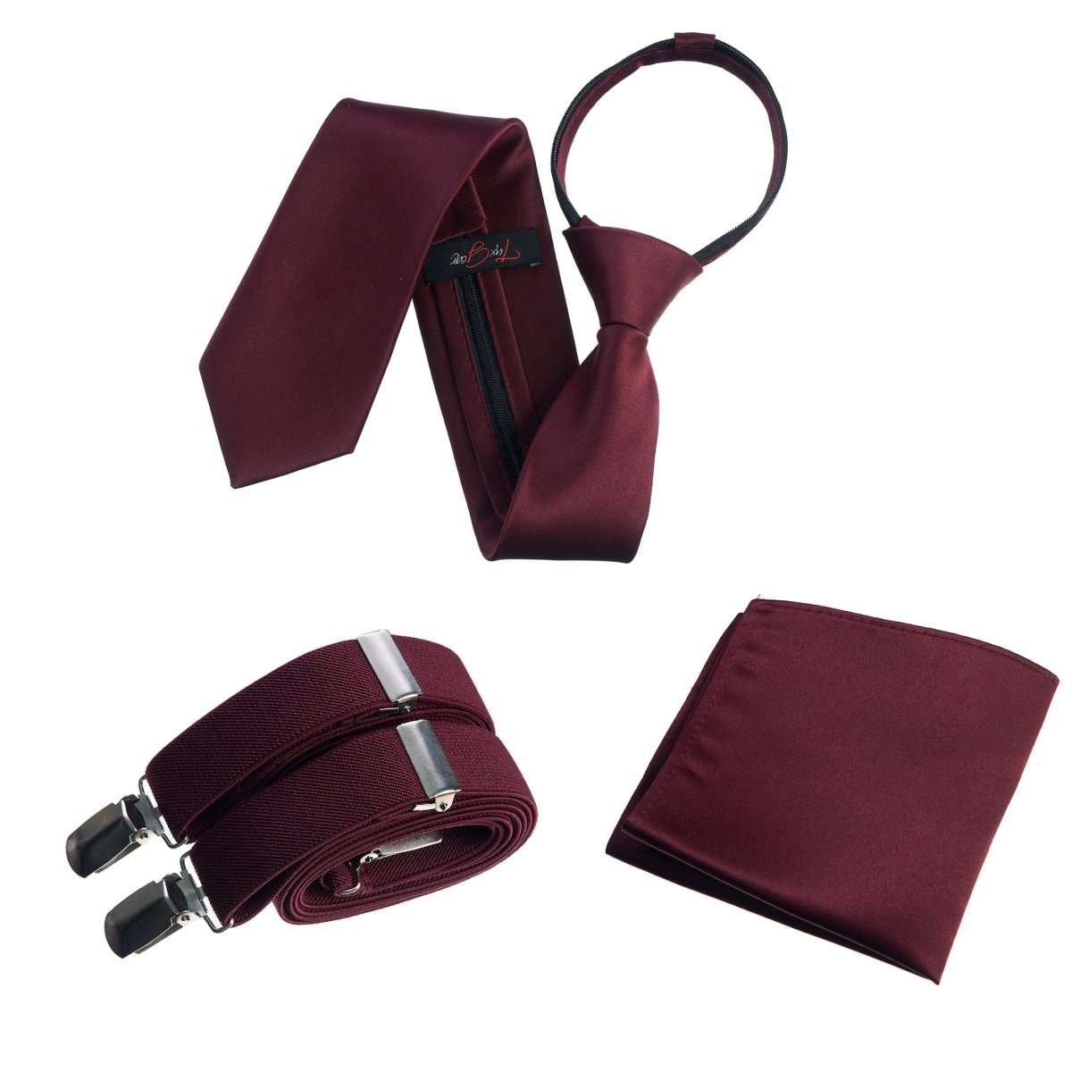 Neck Tie Pocket Square and Adjustable Stretch Suspender Set - Tuxgear