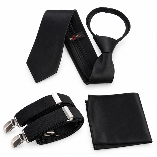 Neck Tie Pocket Square and Adjustable Stretch Suspender Set — professional product photograph