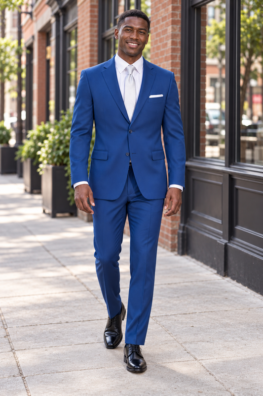 "Performance Stretch" Men's Slim Fit French Blue 3 Piece Suit — model photograph in a downtown red brick streetscape with black steel storefront windows and clean sidewalk