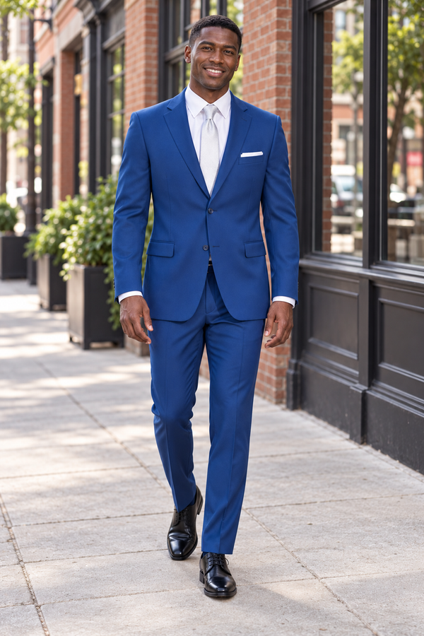 "Performance Stretch" Men's Slim Fit French Blue 3 Piece Suit — model photograph in a downtown red brick streetscape with black steel storefront windows and clean sidewalk