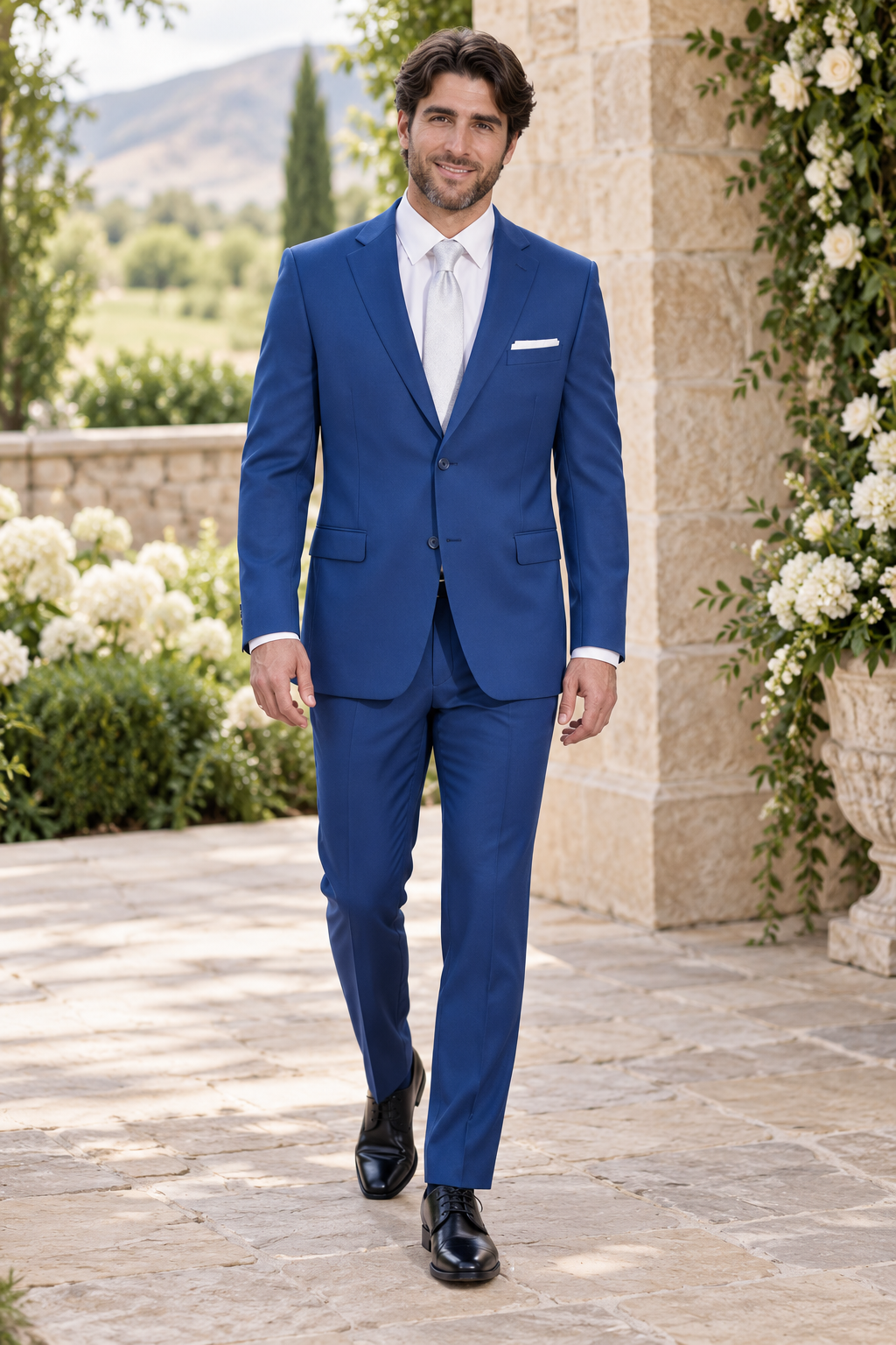 "Performance Stretch" Men's Slim Fit French Blue 3 Piece Suit shown in professional outdoor wedding photography