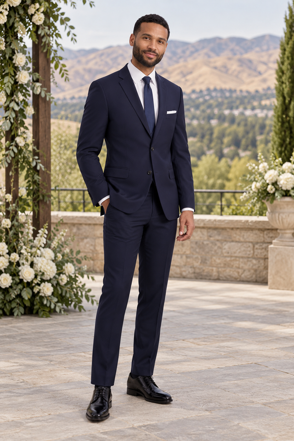 "Performance Stretch" Men's Slim Fit Navy Blue 3 Piece Suit shown in professional outdoor wedding photography