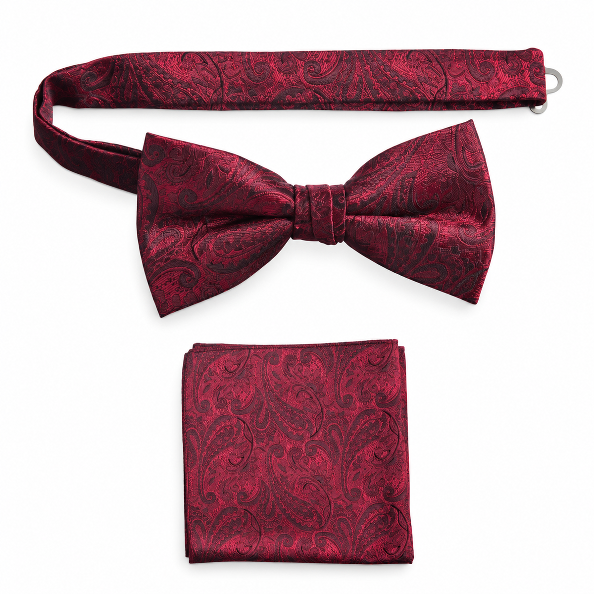 Pre-tied Bow Tie and Pocket Square Paisley Jacquard Handkerchief Sets — professional product photograph