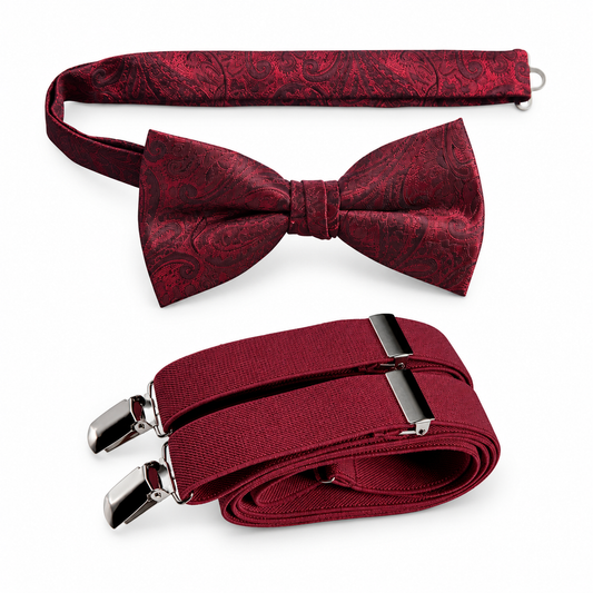 Pre-Tied Paisley Jacquard Bow Tie & Stretch Suspender Set — professional product photograph