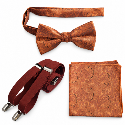 Pre-Tied Paisley Jacquard Bow Tie, Pocket Square & Suspender — professional product photograph